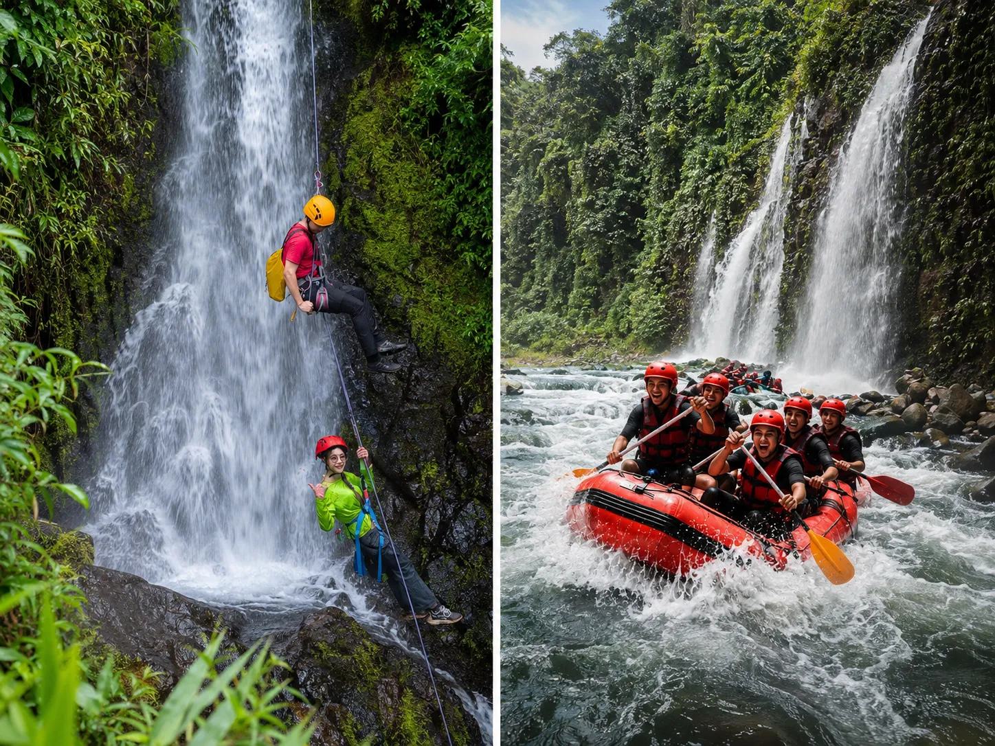 Whitewater rafting and waterfall rappelling near Tad Fane